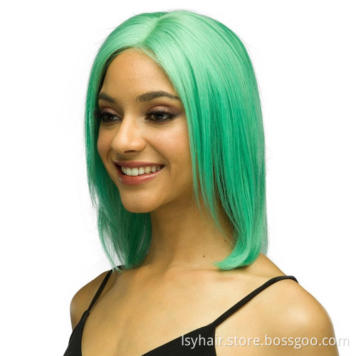 Korean Transparent color Lace Front Green Wig, 8 10 Inch Bob Wigs Sunny Green Human Hair Wigs With Elastic Band